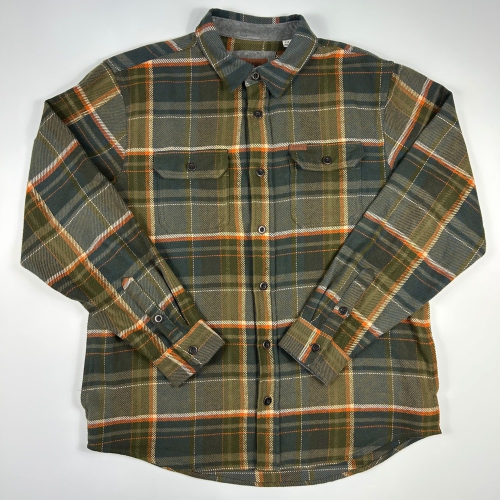 Orvis Mens Large Green Orange Plaid Flannel Shirt Corduroy Trim Cotton Button Up